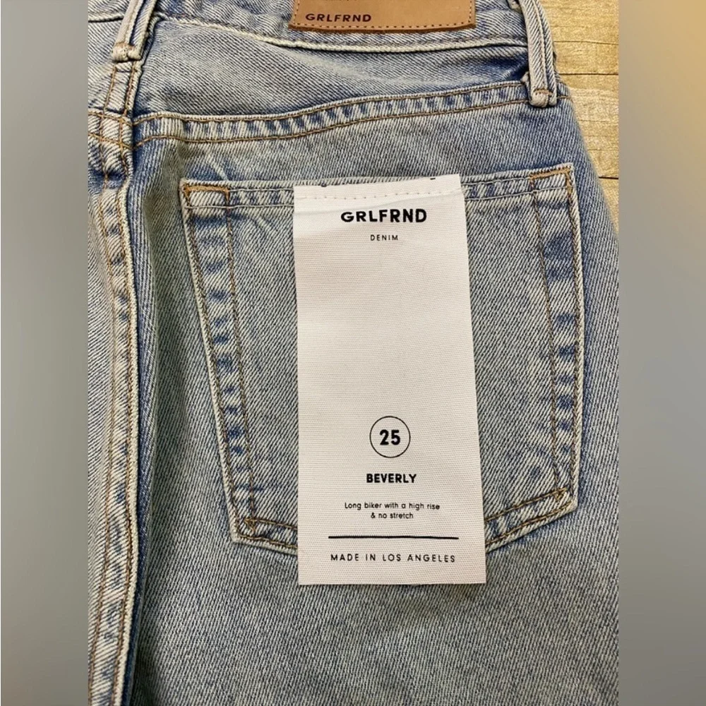 NWT GRLFRND Beverly High Rise No-Stretch Denim Long Biker Shorts (Faded Blue,25)